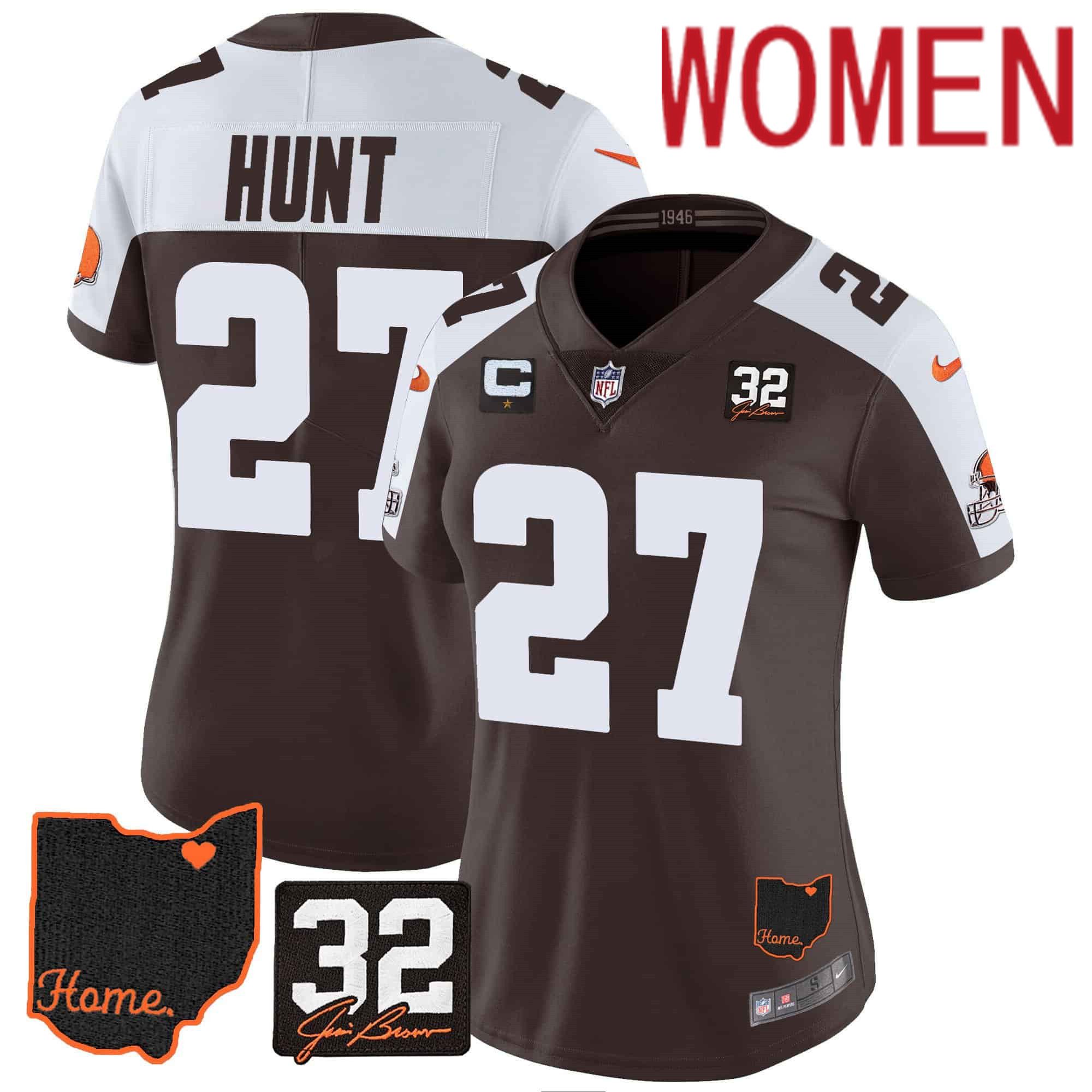Women Cleveland Browns #27 Hunt Brown Memorial Home Patch 2024 Nike NFL Jersey->women nfl jersey->Women Jersey